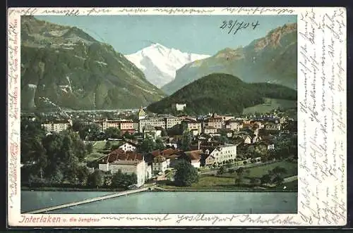 AK Interlaken, Ortsansicht u. die Jungfrau