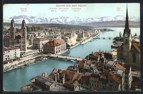 AK Zürich, Stadtansicht mit den Alpen