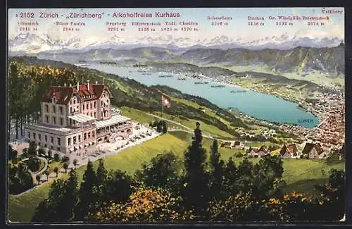 Künstler-AK Zürich, Akoholfreies Kurhaus Zürichberg, Gesamtansicht über Ortschaften