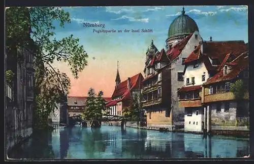 AK Nürnberg, Pregnitzpartie an der Insel Schütt mit Synagoge