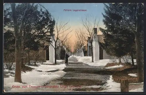 AK Lager Lechfeld, Truppen-Übungsplatz, Mittlere Lagerstrasse im Winter