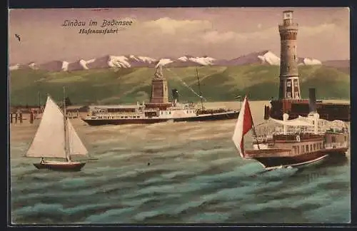 AK Lindau i. B., Hafeneinfahrt, Dampfer