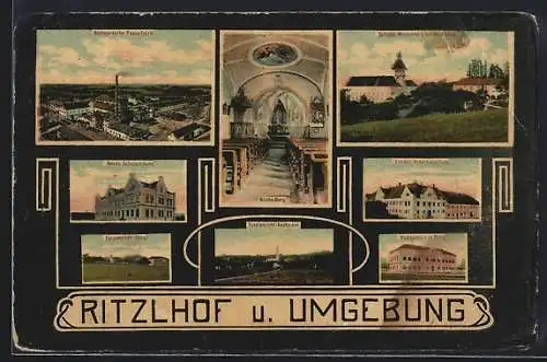 AK Ritzlhof, Nettingsdorfer Papierfabrik, neues Schulgebäude, Totalansicht-Berg, Totalansicht Ansfelden, Kirche Berg