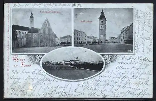 AK Enns, Stadtpfarrkirche, Stadtplatz und Ortsansicht aus der Ferne
