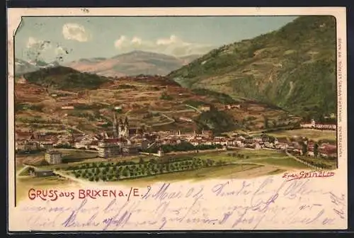 Künstler-AK Brixen a. E., Totalansicht von einer Anhöhe aus