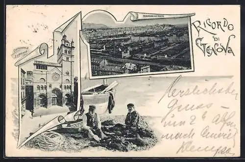AK Genova, Panorama del Porto, Cattedrale S. Lorenzo, Fischer am Strand