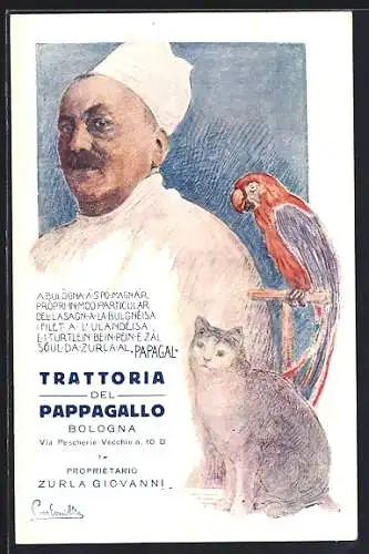 Künstler-AK Bologna, Trattoria del Pappagallo, Via Pescherie Vecchie n.10, Koch mit Papagai und Katze