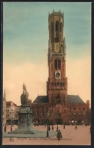 AK Bruges, Le Beffroi et statue Breydel et De Coninck