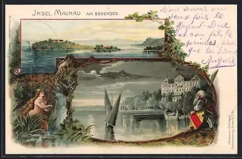 Passepartout-Lithographie Mainau am Bodensee, Fernblick auf die Insel, Schloss, Zwerg, Nymphe, Wappen
