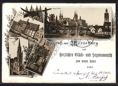 Lithographie Merseburg, Rathhaus, Königl. Schloss, Stadtkirche, Schlossbrunnen