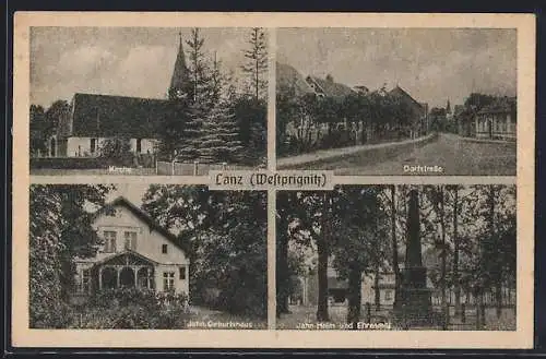 AK Lanz /Westprignitz, Kirche, Dorfstrasse und Jahn-Geburtshaus