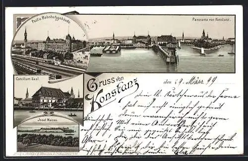 Lithographie Konstanz, Post und Bahnhofsgebäude, Concilium Saal