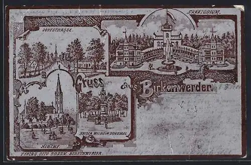 Metallfolie-AK Birkenwerder, Dorfstrasse, Sanatorium, Kaiser Wilhelm Denkmal