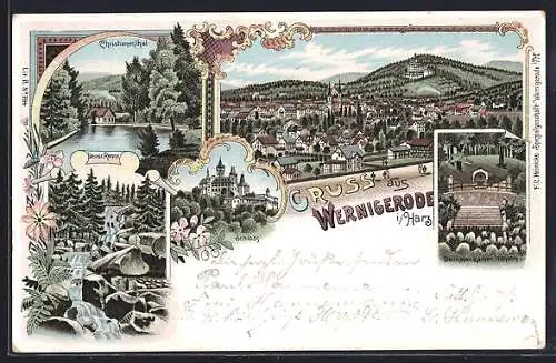 Lithographie Wernigerode, Christianenthal, Teilansicht, Denkmal Kaiser Wilhelm I.