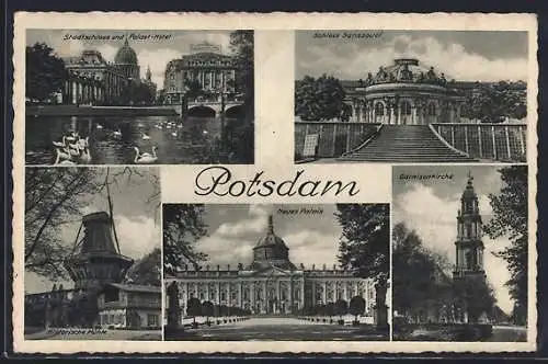 AK Potsdam, Stadtschloss und Palast-Hotel, Schloss Sanssouci, Historische Windmühle