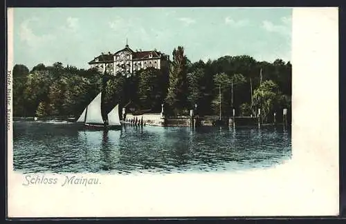 AK Insel Mainau /Bodensee, Schloss Mainau vom Wasser aus, mit Segelboot
