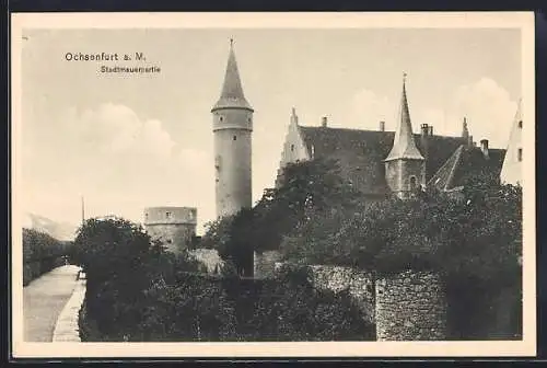 AK Ochsenfurt a. M., Stadtmauerpartie mit Schloss