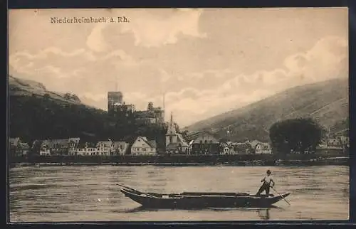 AK Niederheimbach a. Rh., Teilansicht mit Burg und Gondel