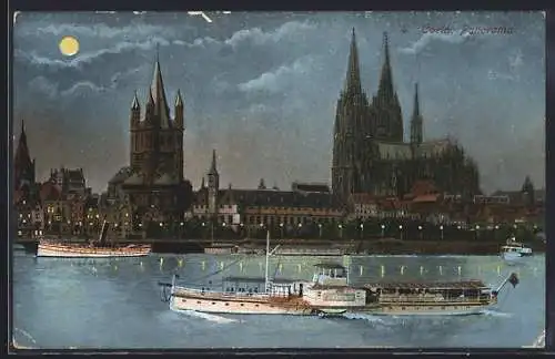 AK Köln, Dom und Dampfer Fürst Bismarck bei Mondschein