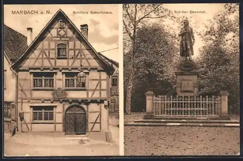 AK Marbach a. N., Schillers Geburtshaus, das Schiller-Denkmal