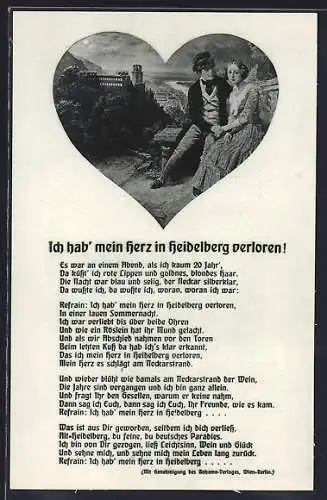 AK Heidelberg, Paar am Neckar bei Mondschein, Gedicht: Ich hab mein Herz...
