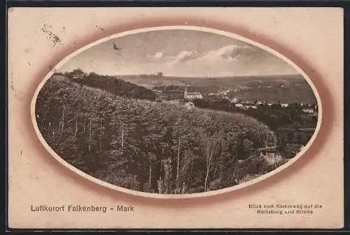 AK Falkenberg /Mark, Blick vom Kammweg auf Karlsburg und Kirche