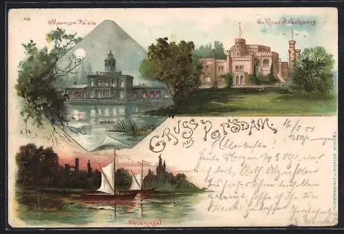 Lithographie Potsdam, Ortsansichten Schloss Babelsberg, Marmor Palais und Pfaueninsel