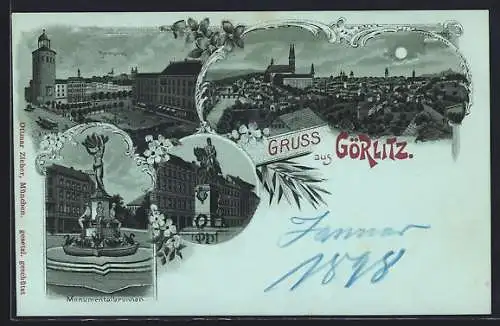 Mondschein-Lithographie Görlitz, Marienplatz, Monumentalbrunnen, Reiterstandbild