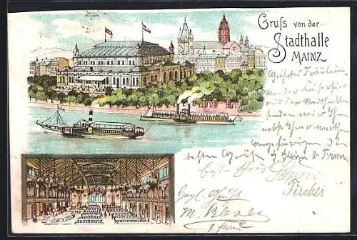 Lithographie Mainz, Dampfer passieren die Stadthalle