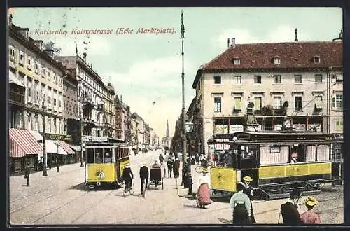 AK Karlsruhe, Kaiserstrasse (Ecke Marktplatz), Strassenbahn