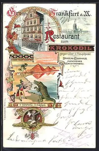Lithographie Frankfurt a. M., Restaurant zum Krokodil, ägyptisches Krokodil tanzt zur Geige