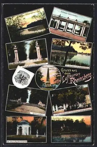 AK Rheinsberg, Schloss-Colonnaden, Sphinxtreppe, Forsthaus Boberow, Wappen