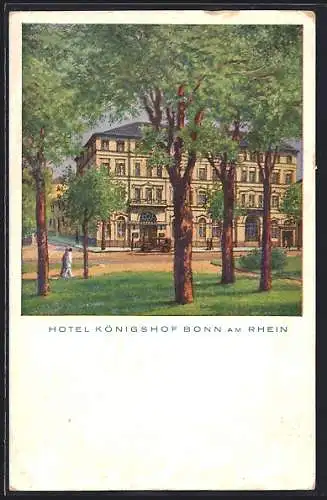 Künstler-AK Bonn, Auto vor dem Hotel Königshof