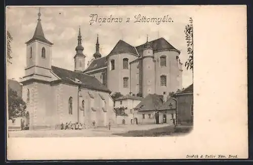 AK Litomysl, Strassenpartie mit Kirche