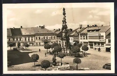 AK Policka, Strassenpartie mit Denkmal