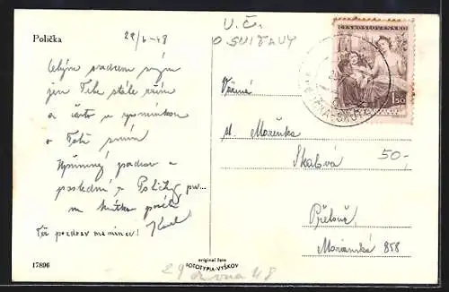 AK Policka, Strassenpartie mit Denkmal