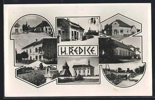 AK Horni Redice, Geschäftshaus Bukac, die Kirche, Flusspartie, Ortspartien