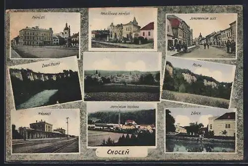 AK Chocen, Jungmannova Ulice, Zadní Peliny, Nádrazí, Jehnickova továkna, Zámek, námestí