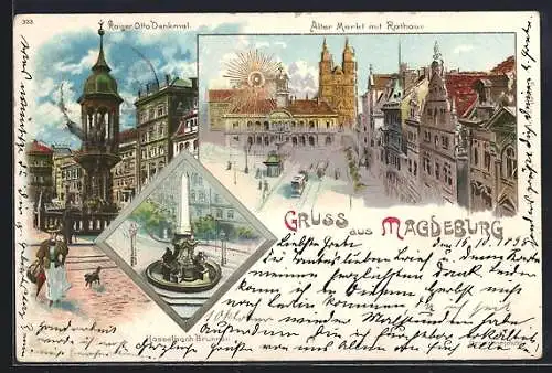 Sonnenschein-Lithographie Magdeburg, Kaiser Otto-Denkmal, Alter Markt mit Rathaus aus der Vogelschau, Goldene Sonne