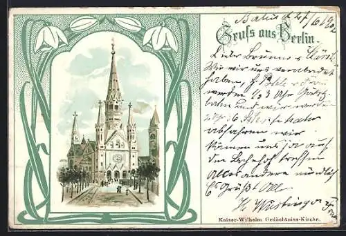 Lithographie Berlin-Charlottenburg, Kaiser Wilhelm Gedächtniss-Kirche, Tulpen-Ornament-Rahmen