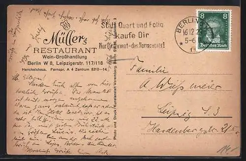 AK Berlin, Müllers Restaurrant Leipzigerstr. 117/118, Innenansicht Wein-Abteilung / Konzertsaal