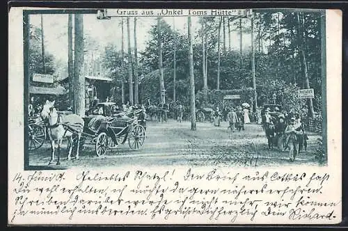 AK Berlin-Zehlendorf, Gaststätte Onkel Toms Hütte, Zufahrt mit Kutsche, Fahrrad-Halle, Garteneingang