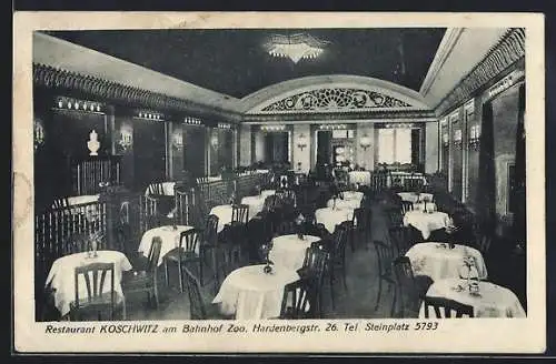 AK Berlin-Charlottenburg, Restaurant Koschwitz am Bahnhof Zoo, Hardenbergstr. 26, Innenansicht