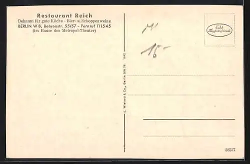 AK Berlin, Restaurant Reich, Behrenstr. 55 /57, Innenansicht