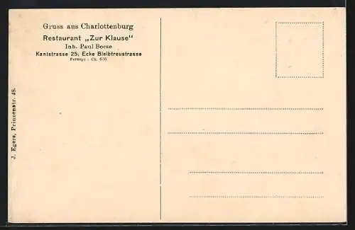 AK Berlin-Charlottenburg, Restaurant zur Klause P. Boese, Kantstrasse 25, Innenansicht