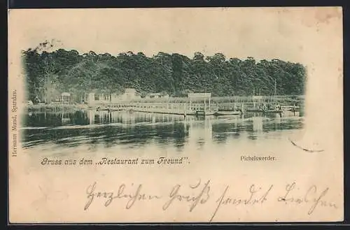 AK Berlin-Pichelswerder, Restaurant zum Freund, Ansicht vom Wasser