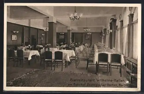 AK Berlin-Charlottenburg, Bierrestaurant Wilhelms-Hallen am Bahnhof Zoologischer Garten, Innenansicht