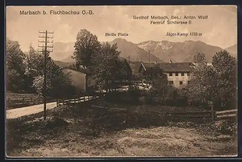 AK Marbach / Obb., Ortspartie mit Gasthaus Marbach, Alpenpanorama mit Heisse Platte und Jäger-Kamp