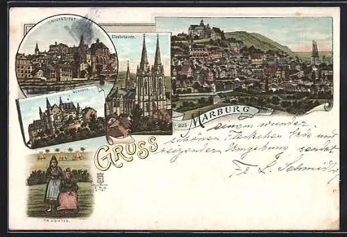 Lithographie Marburg, Universität, Elisabethkirche, Schloss, Trachten