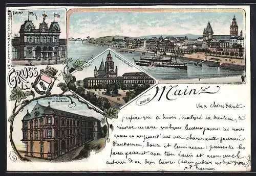 Lithographie Mainz, Kurfürstliches Schloss mit dem Museum, Bahnhof, Dom mit Gutenberg-Denkmal